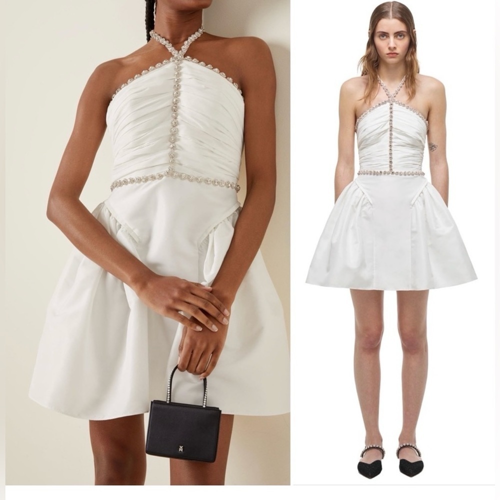 NWT Self Portrait Embellished Taffeta Diamante Trim White Dress Size 6 - Picture 2 of 8
